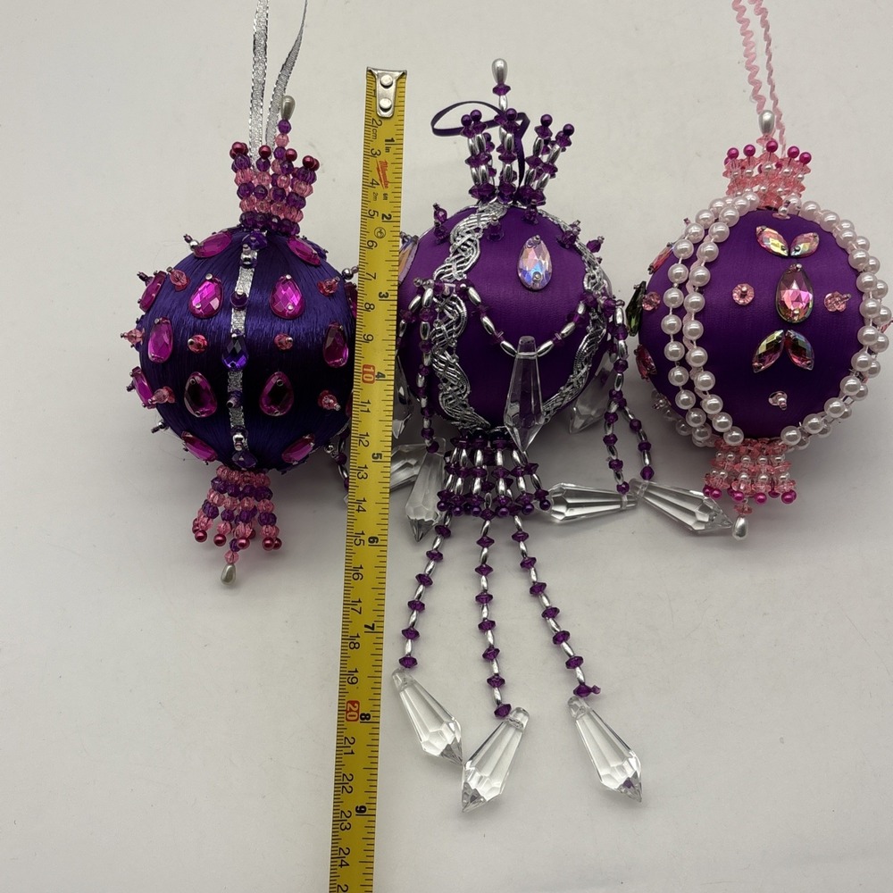 VINTAGE PUSH PIN ORNAMENT SEQUIN BEADED ORNATE CHRISTMAS TREE HANDMADE X3 Purple - Picture 16 of 16